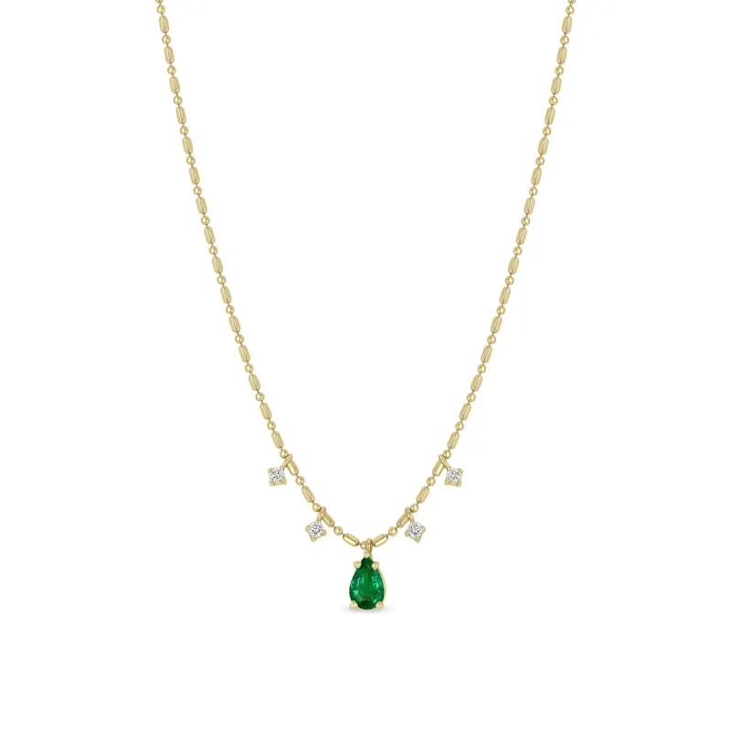 14k Pear Emerald Pendant & Dangling Diamonds Tube Bar Chain Necklace sold by Zoe Chicco