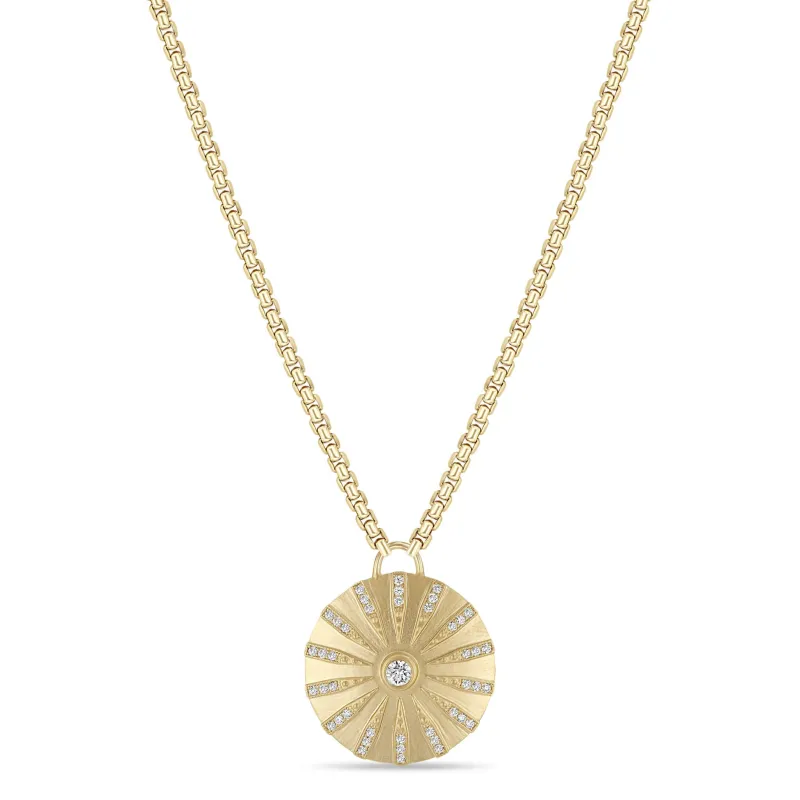 14k Brushed Gold Pavé Diamond Large Supernova Medallion Box Chain Necklace sold by Zoe Chicco