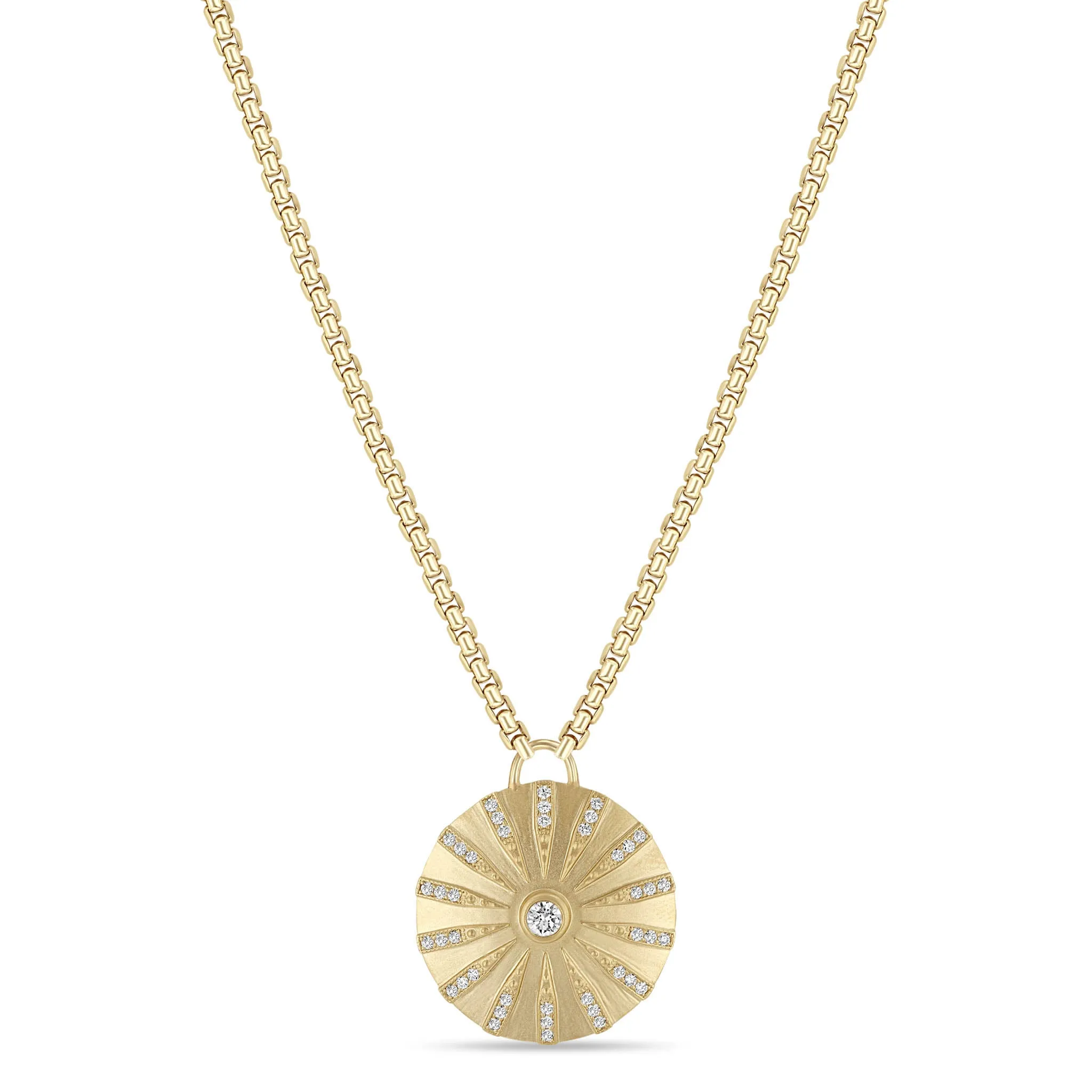 14k Brushed Gold Pavé Diamond Large Supernova Medallion Box Chain Necklace sold by Zoe Chicco