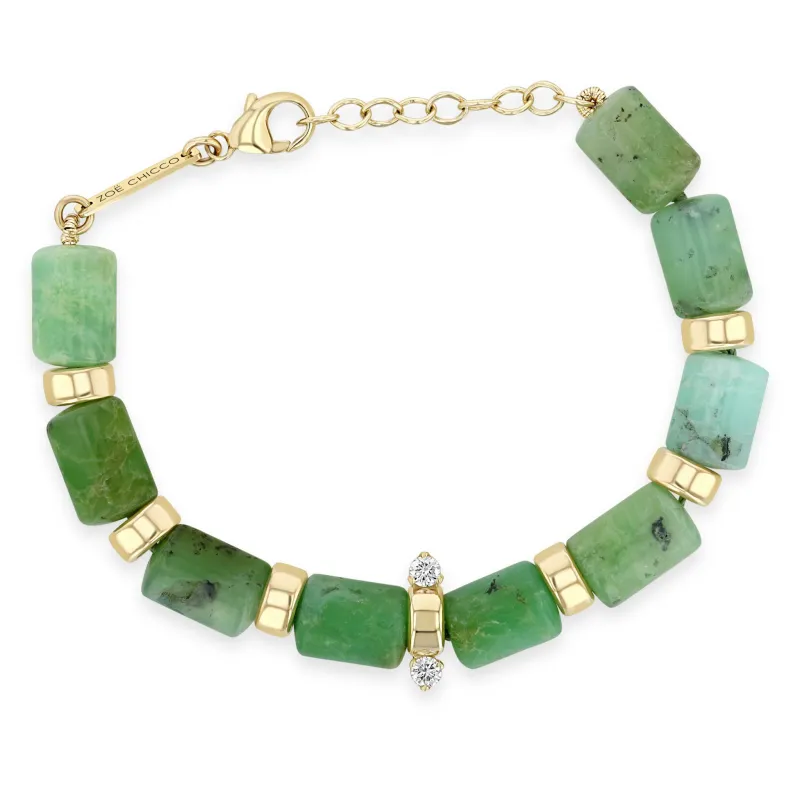 14k Gold & Chrysoprase Tube Bead Bracelet with 2 Prong Diamonds sold by Zoe Chicco