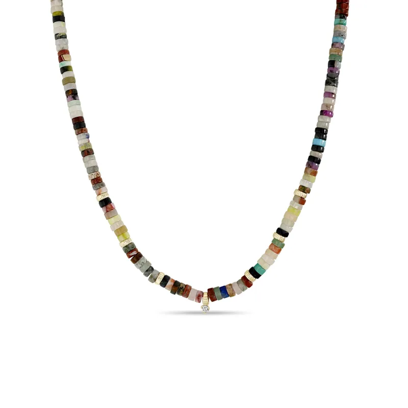 14k Gold & Mixed Gemstone Heishi Bead Necklace with Prong Diamond made by Zoe Chicco