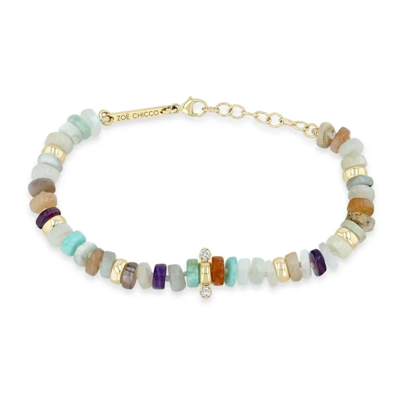 14k Gold & Mixed Neutral Gemstone Rondelle Bead Bracelet with 2 Prong Diamonds sold by Zoe Chicco