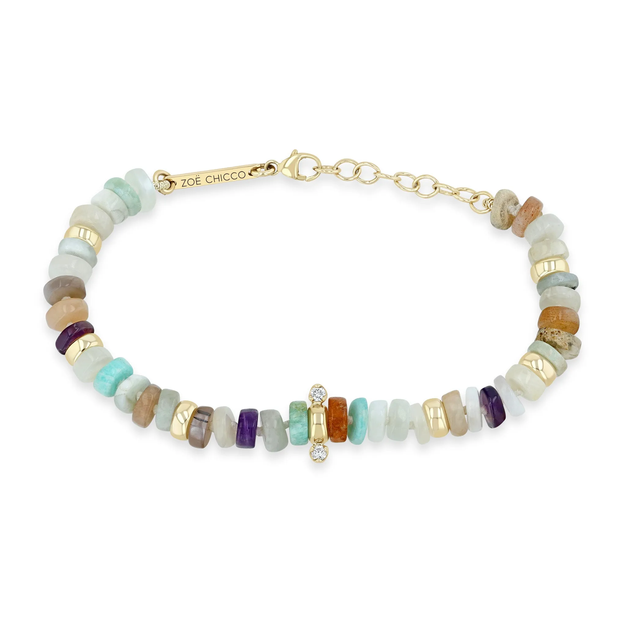 14k Gold & Mixed Neutral Gemstone Rondelle Bead Bracelet with 2 Prong Diamonds sold by Zoe Chicco