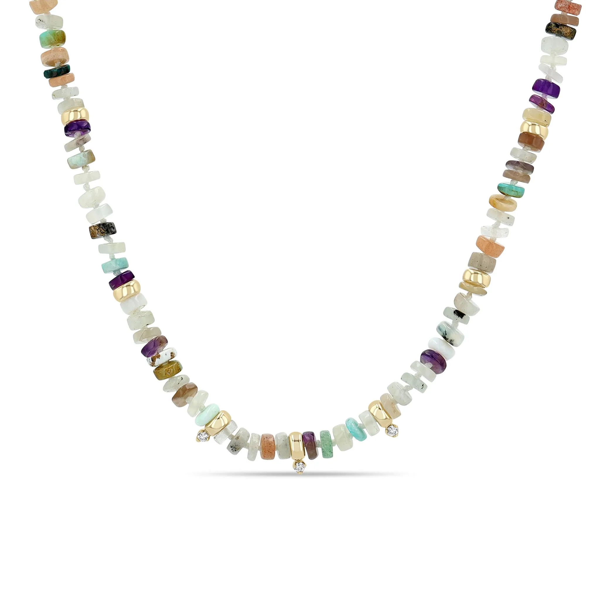 14k Mixed Neutral Gemstone Rondelle Bead Necklace with 3 Prong Diamonds sold by Zoe Chicco