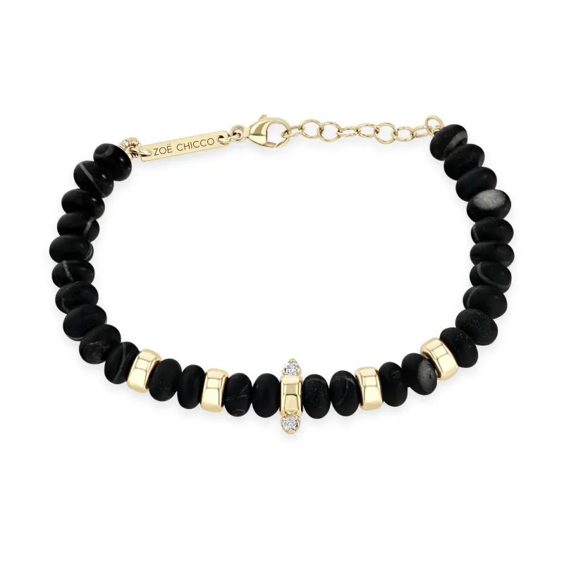 14k Gold & Matte Black Agate Rondelle Bead Bracelet with 2 Prong Diamonds sold by Zoe Chicco