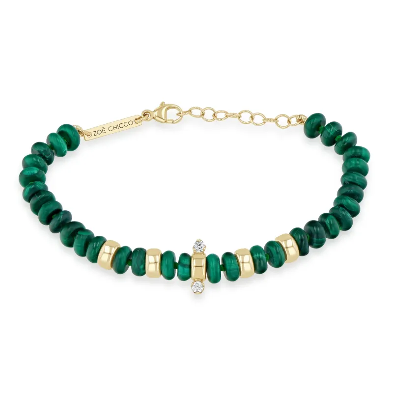 14k Gold & Malachite Rondelle Bead Bracelet with 2 Prong Diamonds sold by Zoe Chicco