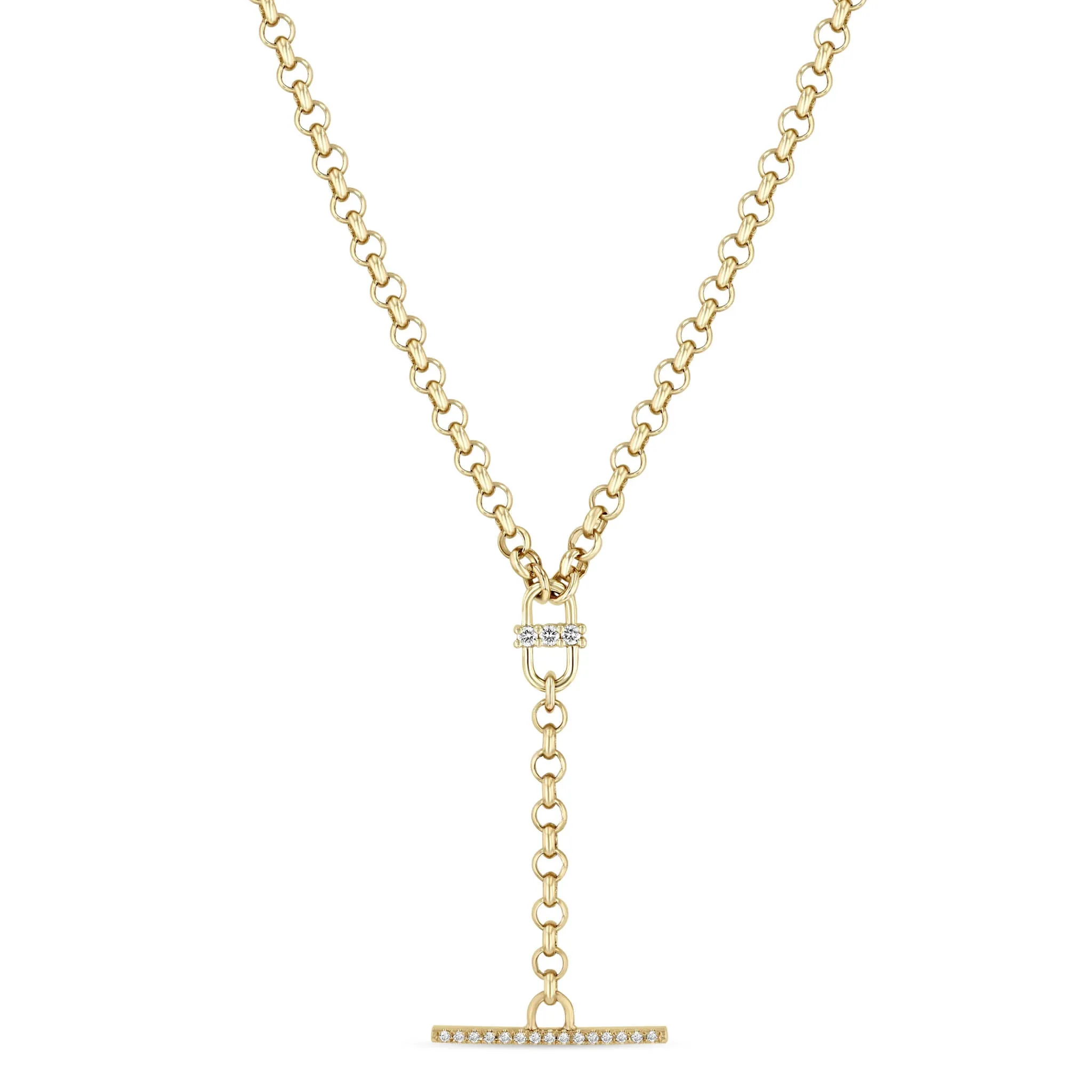 14k 3 Prong Diamond Open Link Pavé Diamond Toggle Rolo Chain Lariat sold by Zoe Chicco
