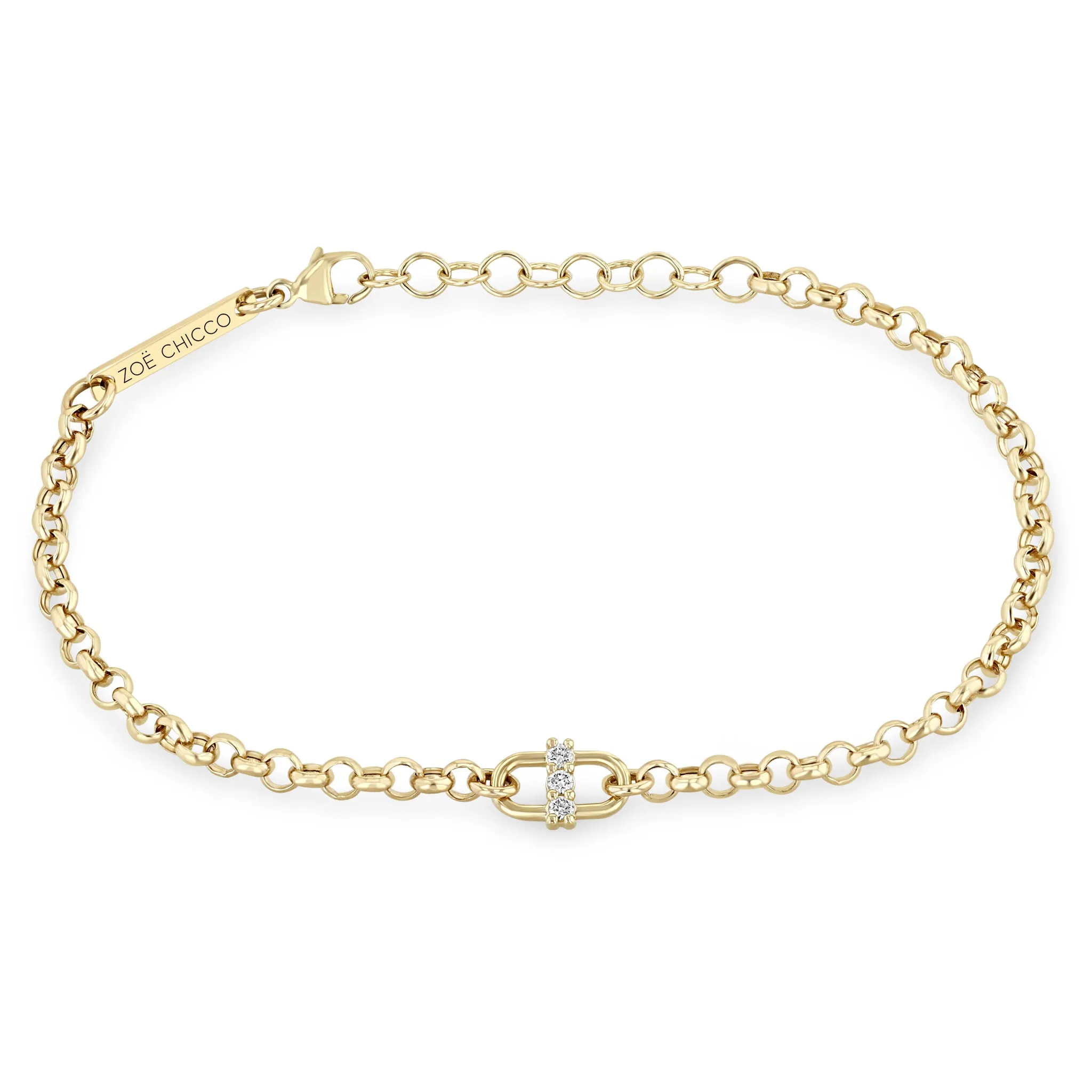 14k 3 Prong Diamond Open Link Medium Rolo Chain Bracelet sold by Zoe Chicco