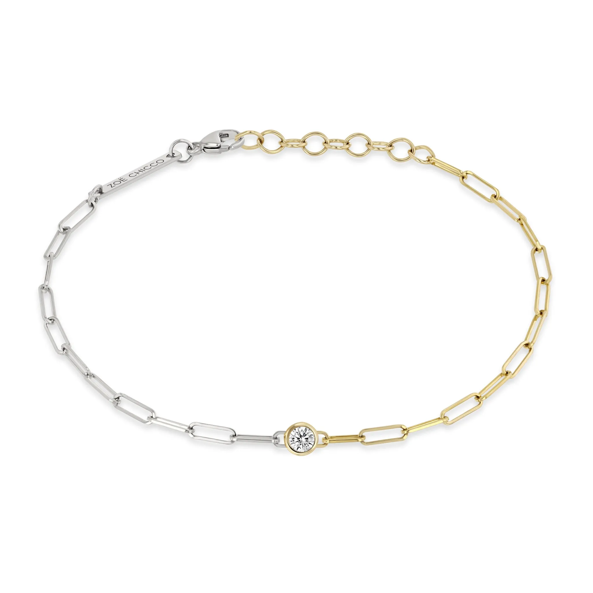 14k Floating Diamond Two Tone Gold Small Paperclip Chain Bracelet sold by Zoe Chicco