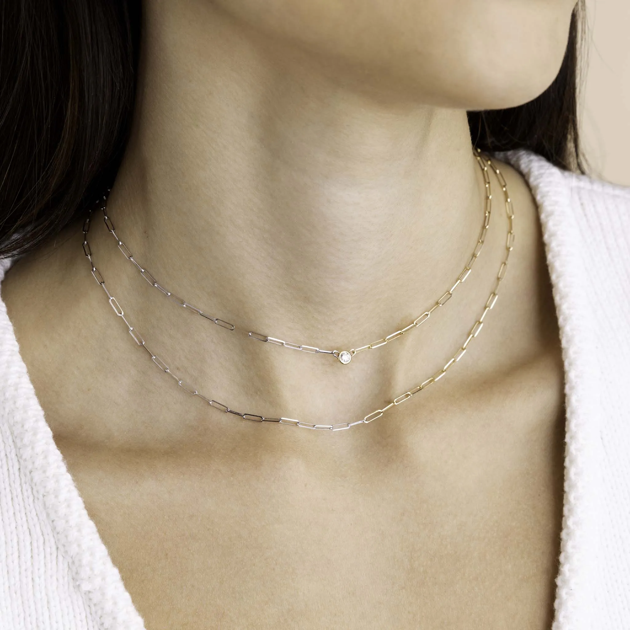 14k Floating Diamond Two Tone Gold Small Paperclip Chain Necklace sold by Zoe Chicco product image thumbnail 2