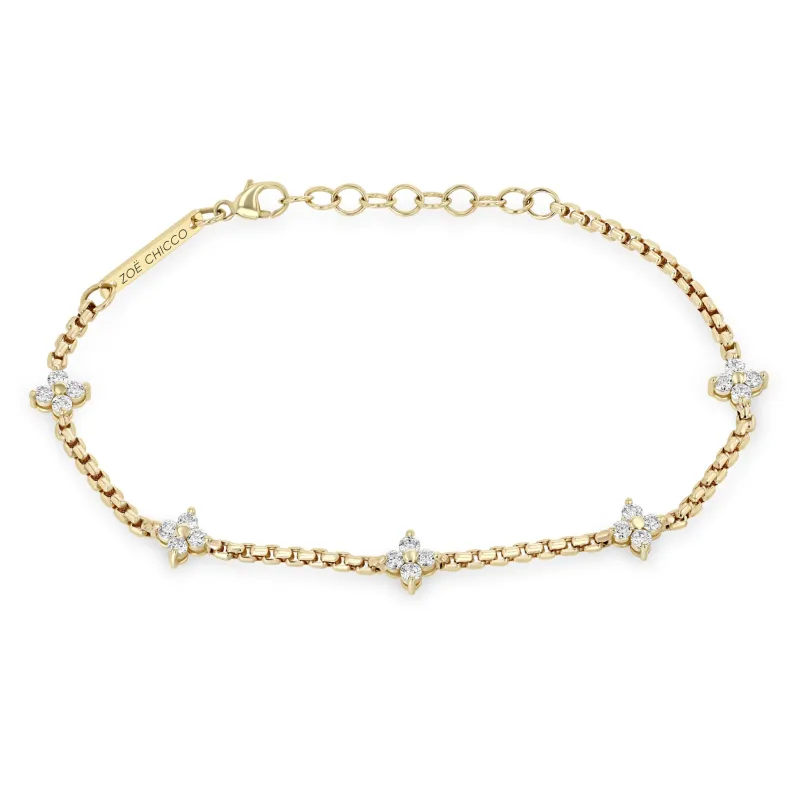 14k 5 Prong Diamond Quad Station Box Chain Bracelet sold by Zoe Chicco