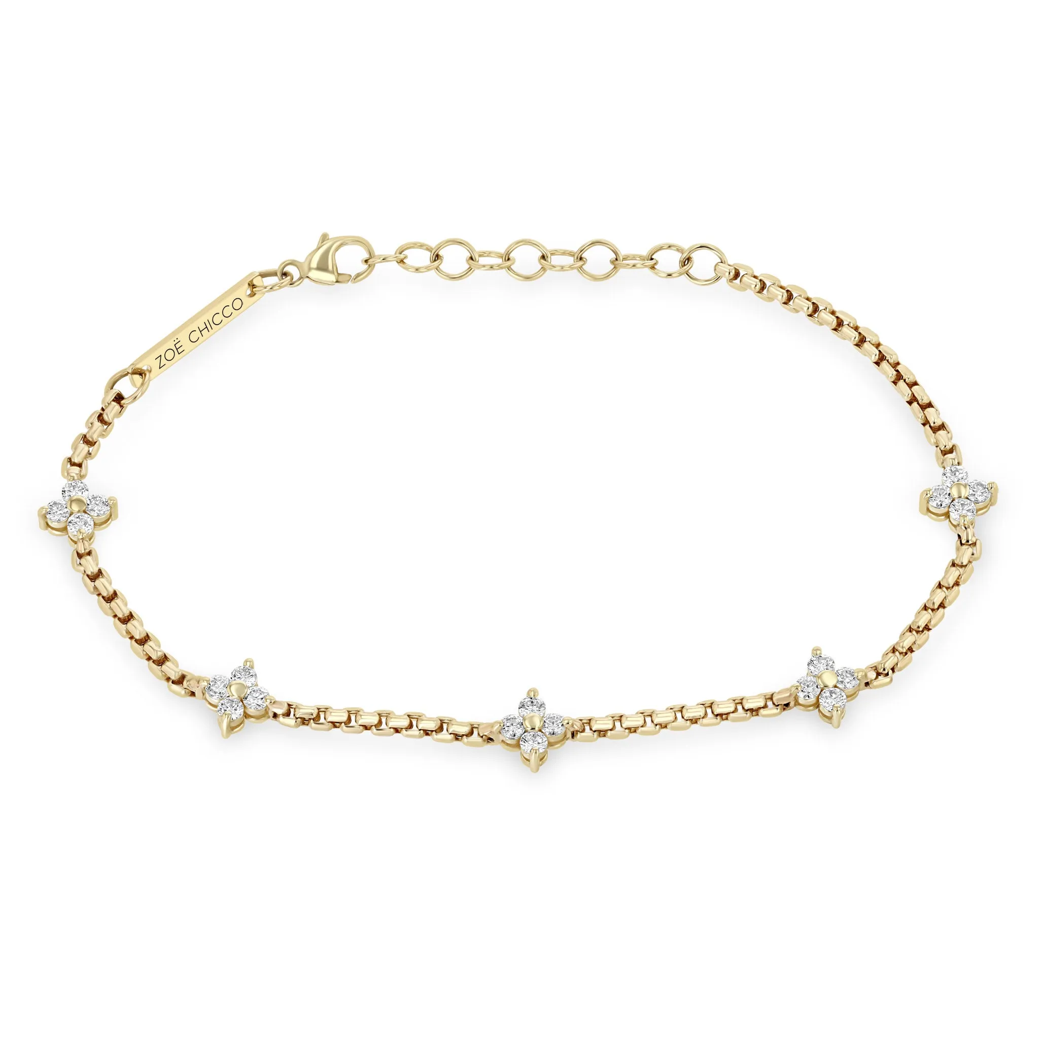 14k 5 Prong Diamond Quad Station Box Chain Bracelet sold by Zoe Chicco