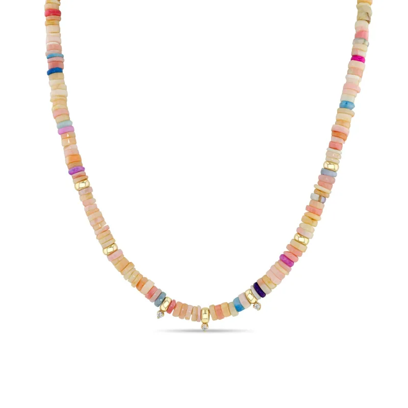 14k Gold & Mixed Pink Opal Rondelle Bead Necklace with 3 Prong Diamonds sold by Zoe Chicco