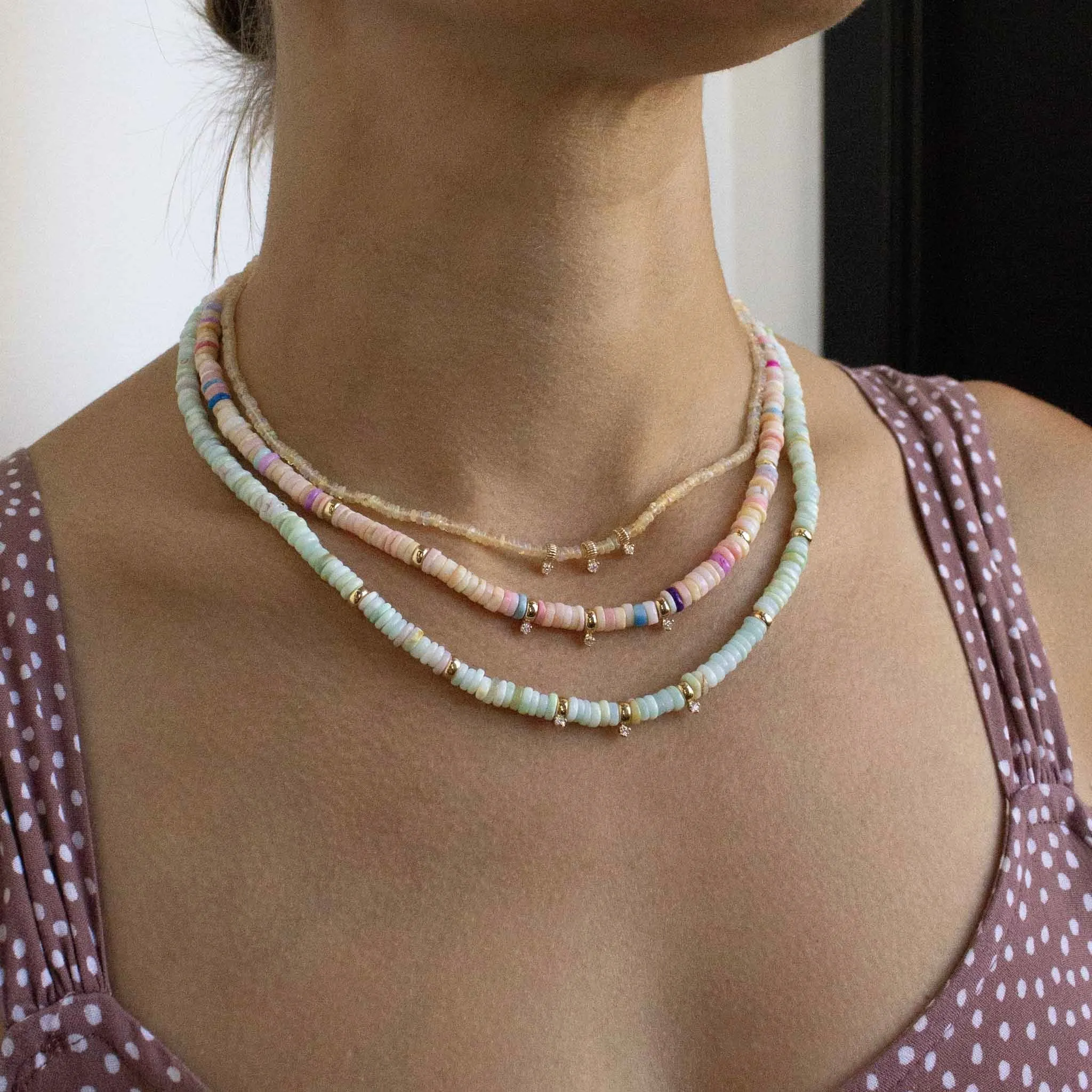 14k Gold & Mixed Light Blue Opal Rondelle Bead Necklace with 3 Prong Diamonds sold by Zoe Chicco product image thumbnail 2