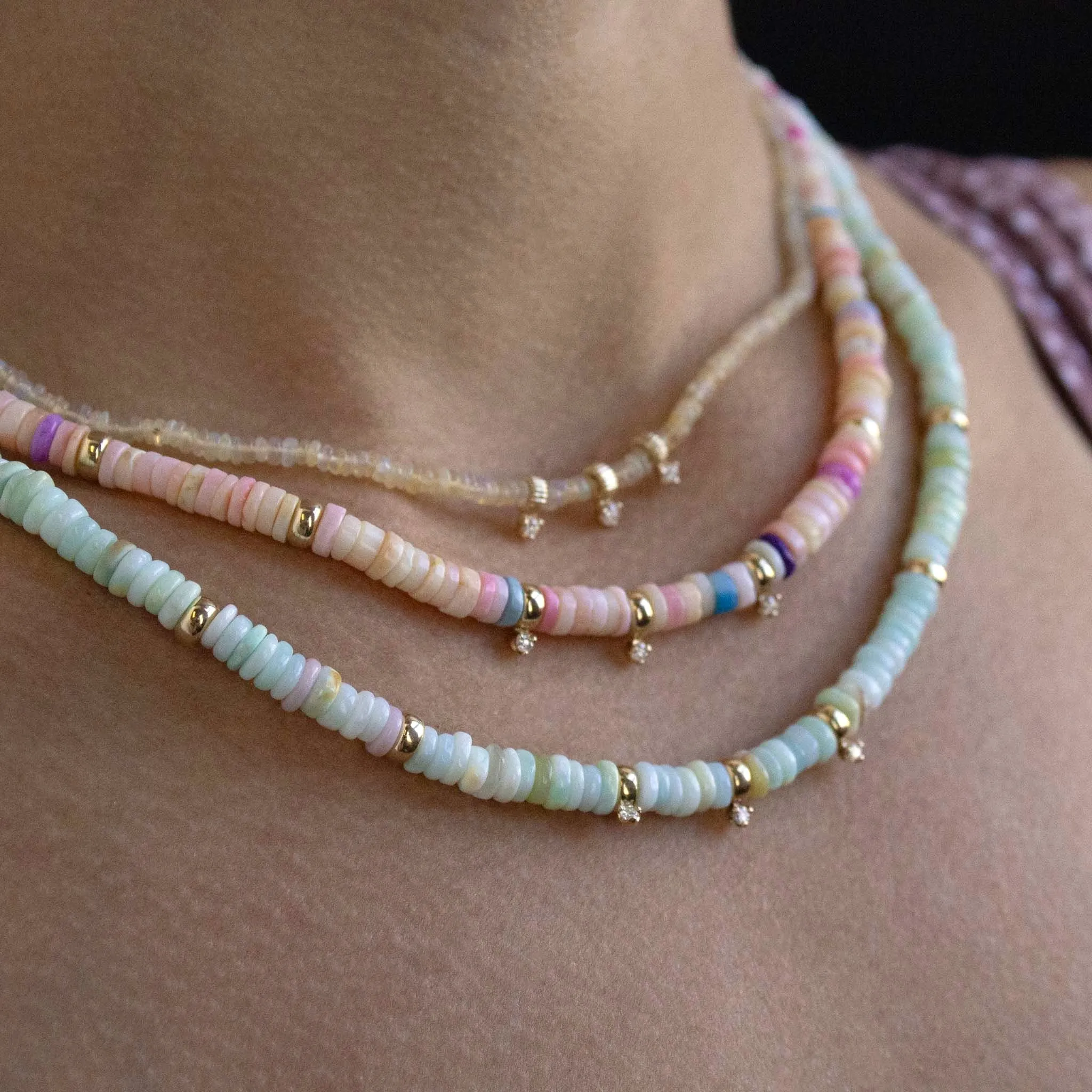 14k Gold & Mixed Light Blue Opal Rondelle Bead Necklace with 3 Prong Diamonds sold by Zoe Chicco product image thumbnail 3