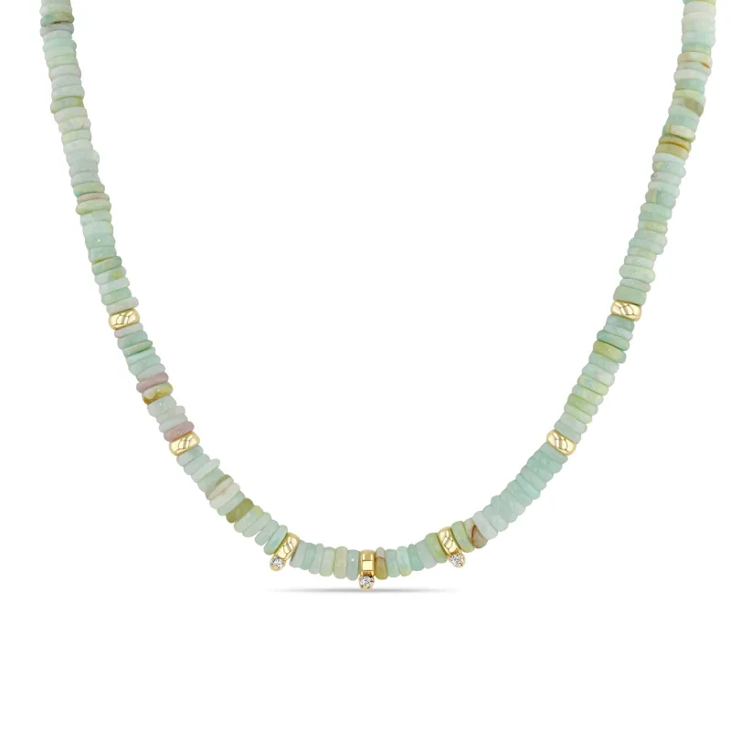 14k Gold & Mixed Light Blue Opal Rondelle Bead Necklace with 3 Prong Diamonds made by Zoe Chicco