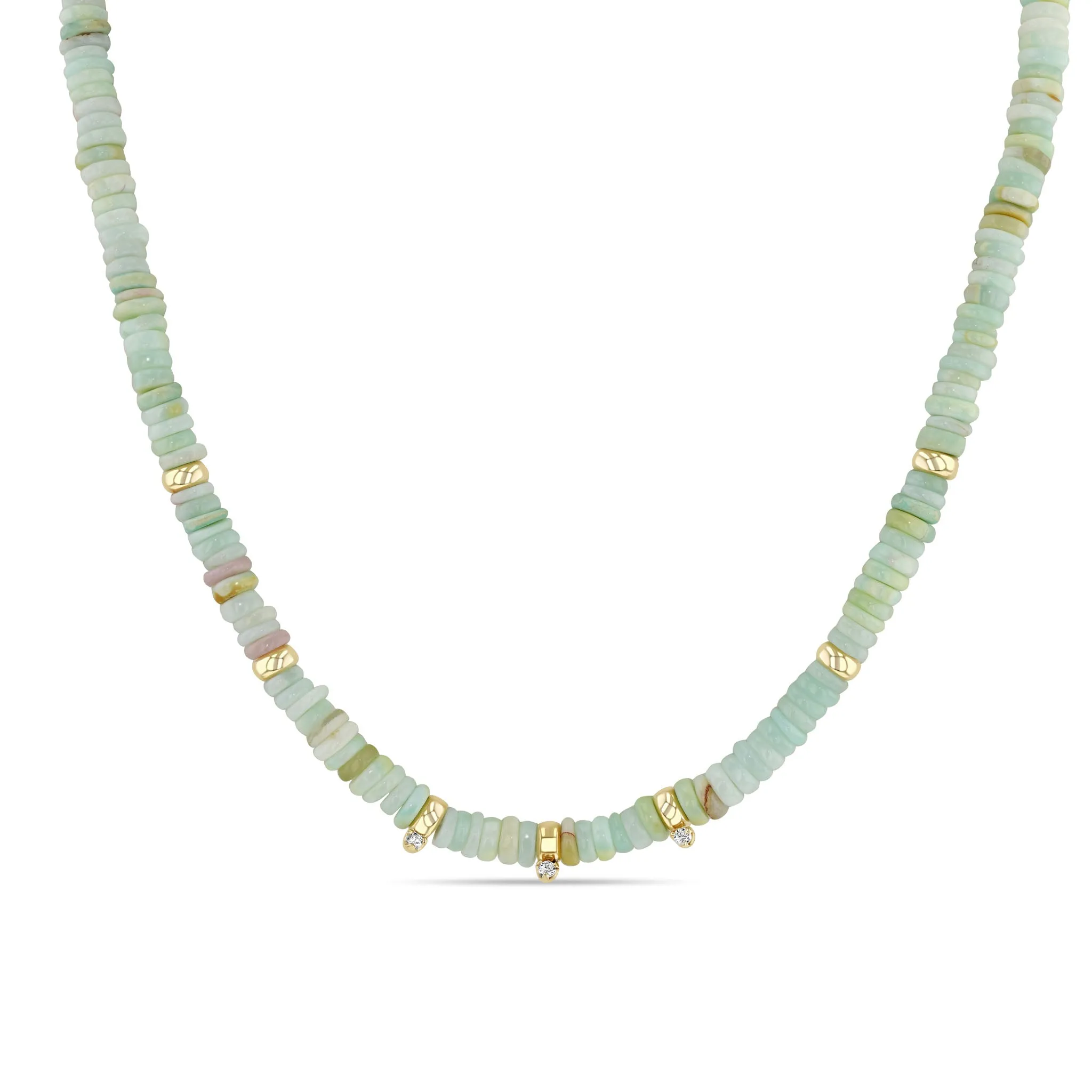 14k Gold & Mixed Light Blue Opal Rondelle Bead Necklace with 3 Prong Diamonds sold by Zoe Chicco