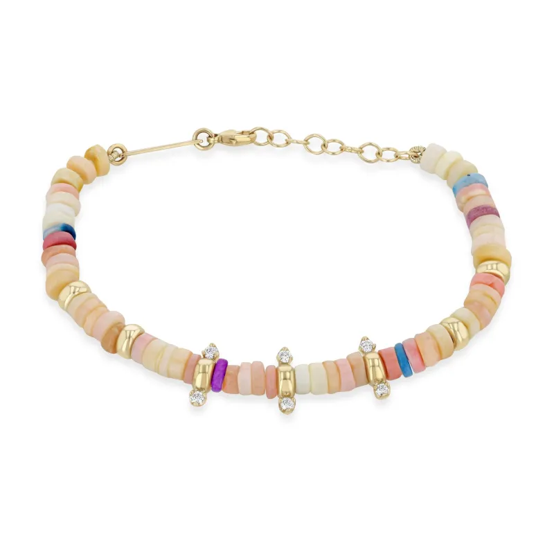 14k Gold & Mixed Pink Opal Rondelle Bead Bracelet with 6 Prong Diamonds sold by Zoe Chicco