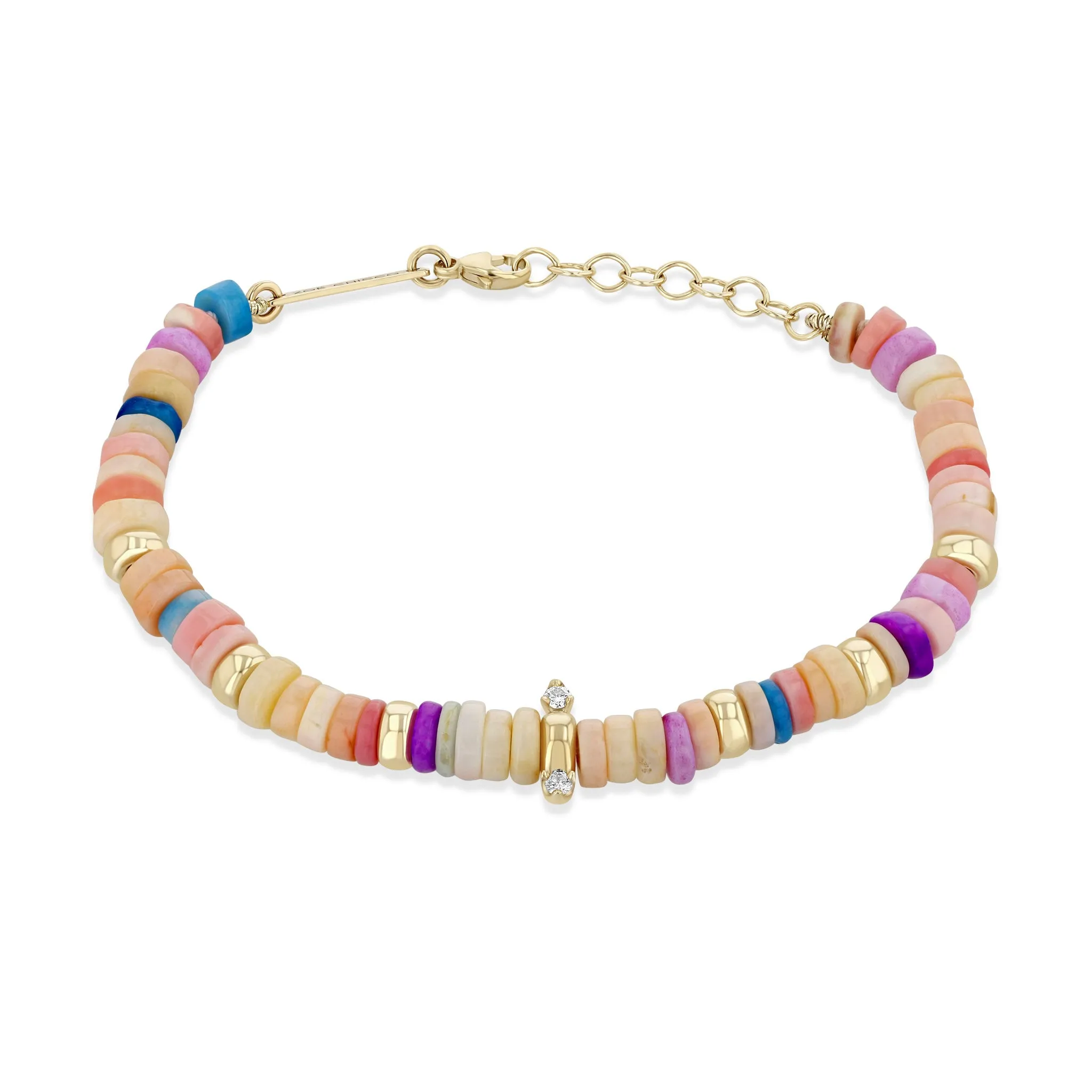 14k Gold & Mixed Pink Opal Rondelle Bead Bracelet with 2 Prong Diamonds sold by Zoe Chicco