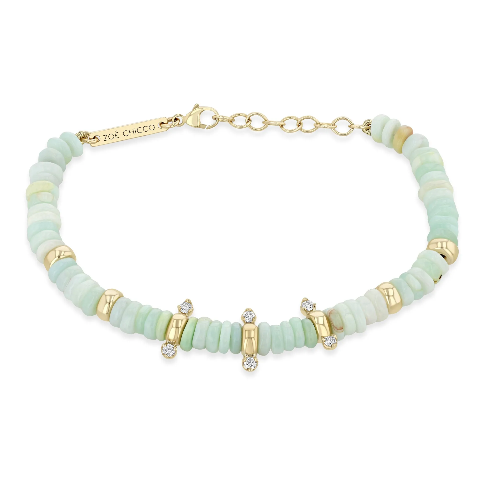 14k Gold & Mixed Light Blue Opal Rondelle Bead Bracelet with 6 Prong Diamonds sold by Zoe Chicco
