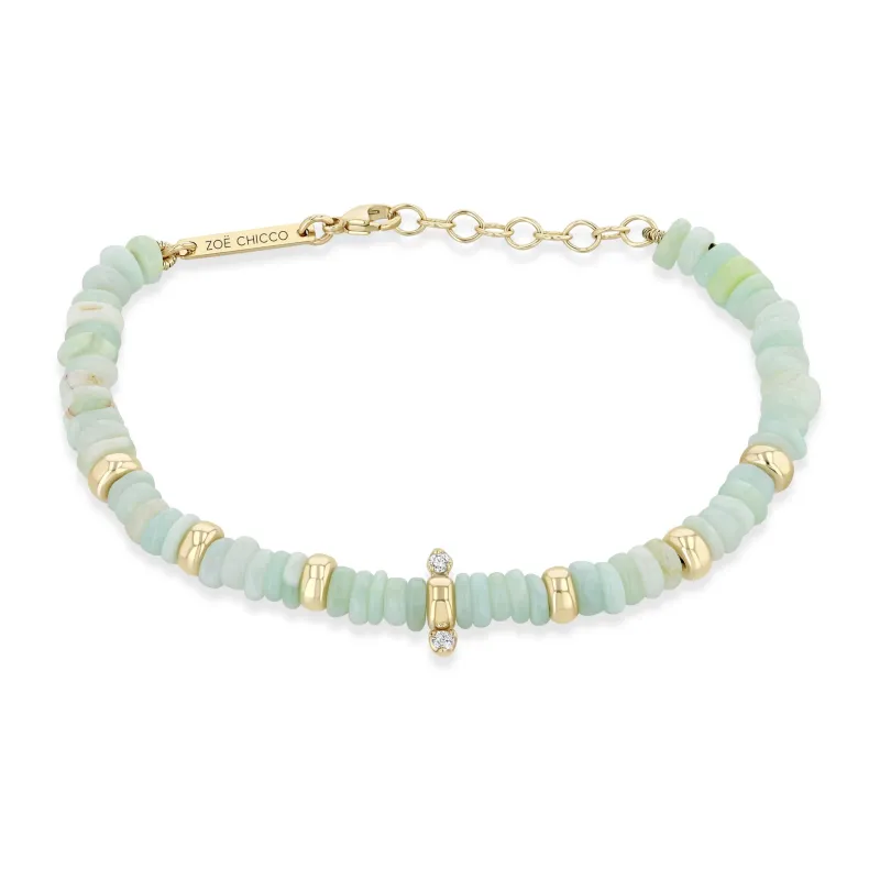 14k Gold & Mixed Light Blue Opal Rondelle Bead Bracelet with 2 Prong Diamonds sold by Zoe Chicco