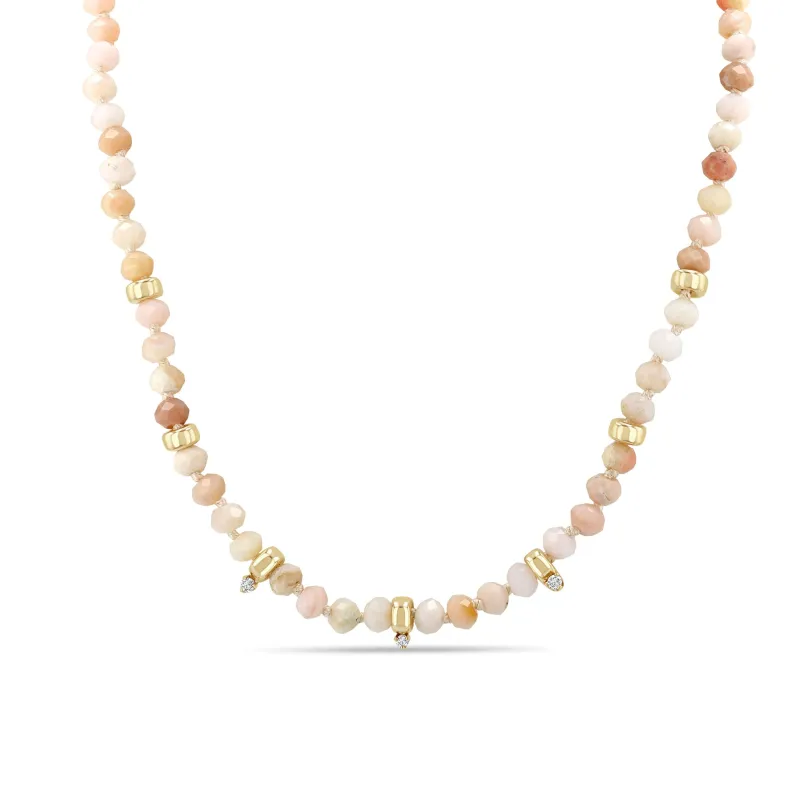 14k Gold & Faceted Pink Opal Rondelle Bead Necklace with 3 Prong Diamonds sold by Zoe Chicco