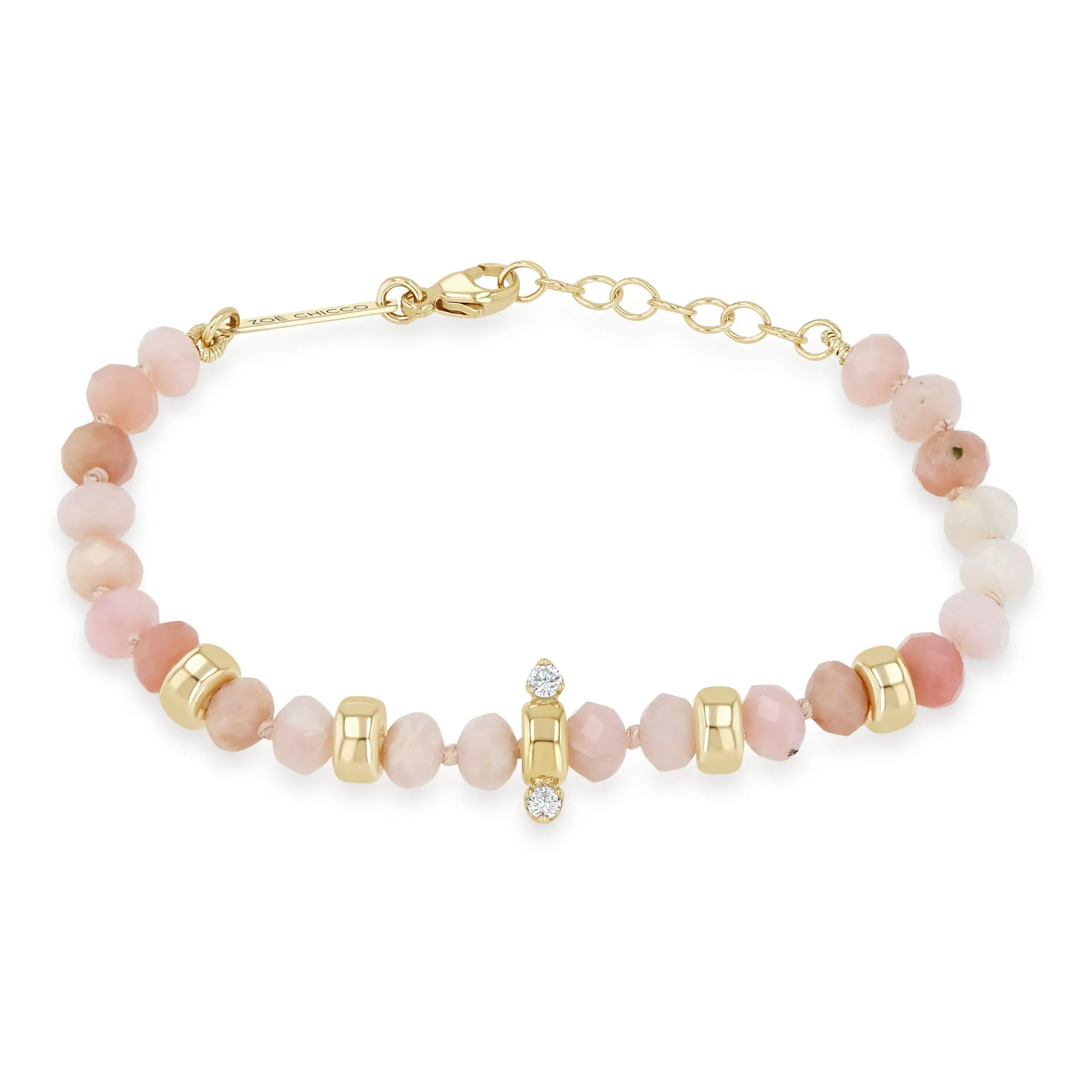 14k Gold & Faceted Pink Opal Rondelle Bead Bracelet with 2 Prong Diamonds sold by Zoe Chicco