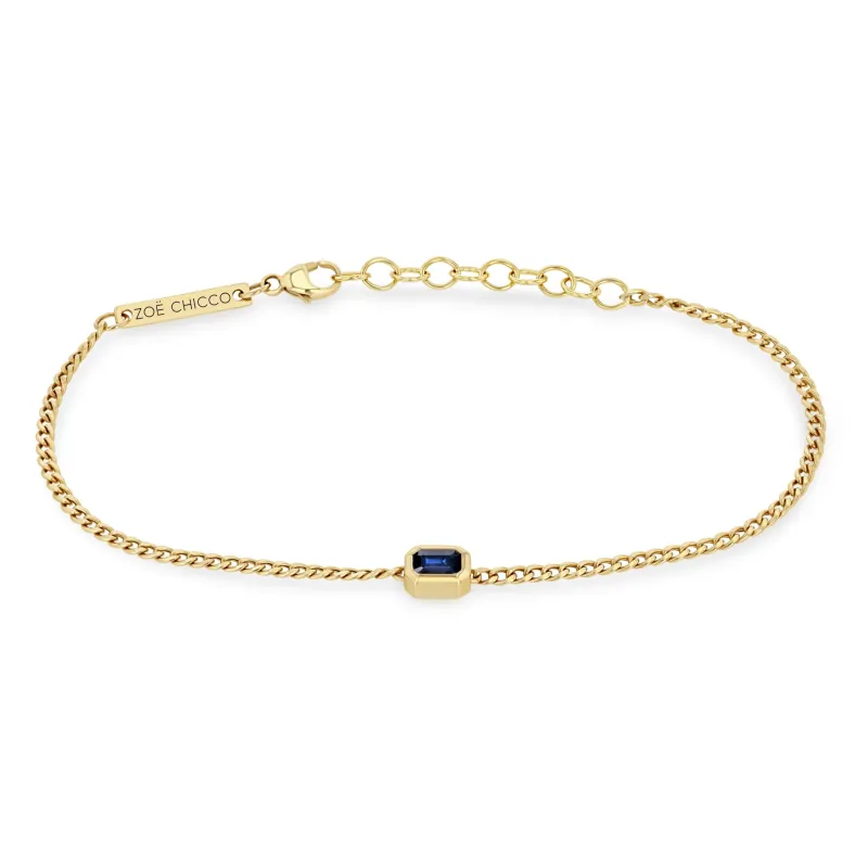 14k Emerald Cut Blue Sapphire XS Curb Chain Bracelet sold by Zoe Chicco