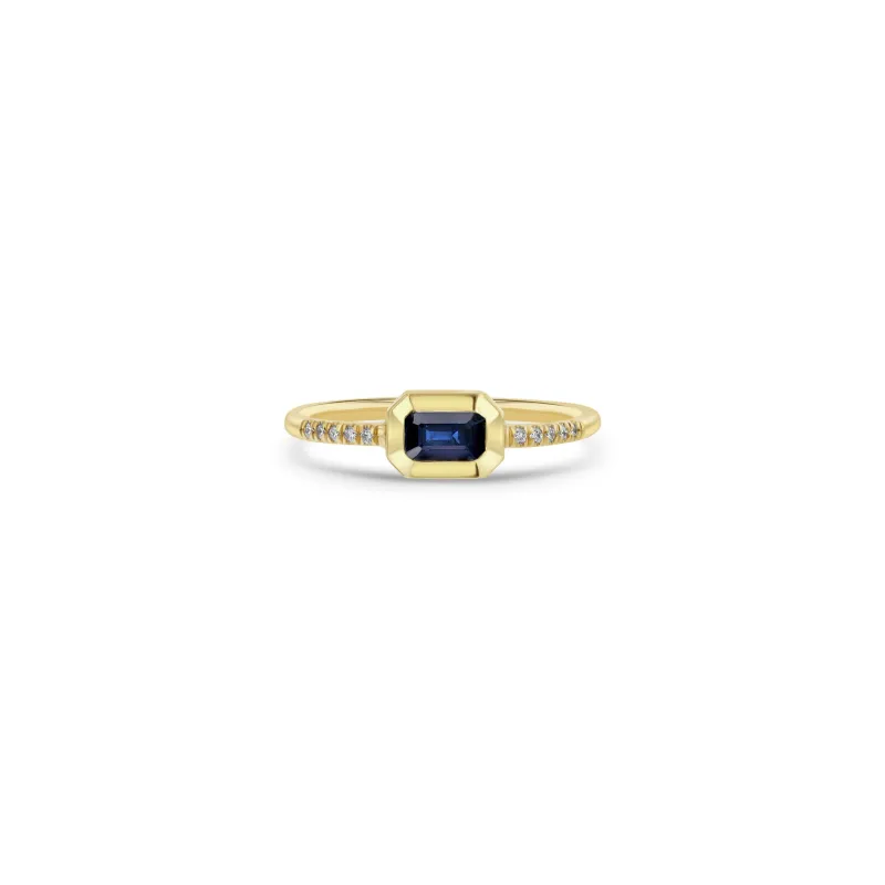 14k Emerald Cut Blue Sapphire Bezel Pavé Diamond Band Ring sold by Zoe Chicco
