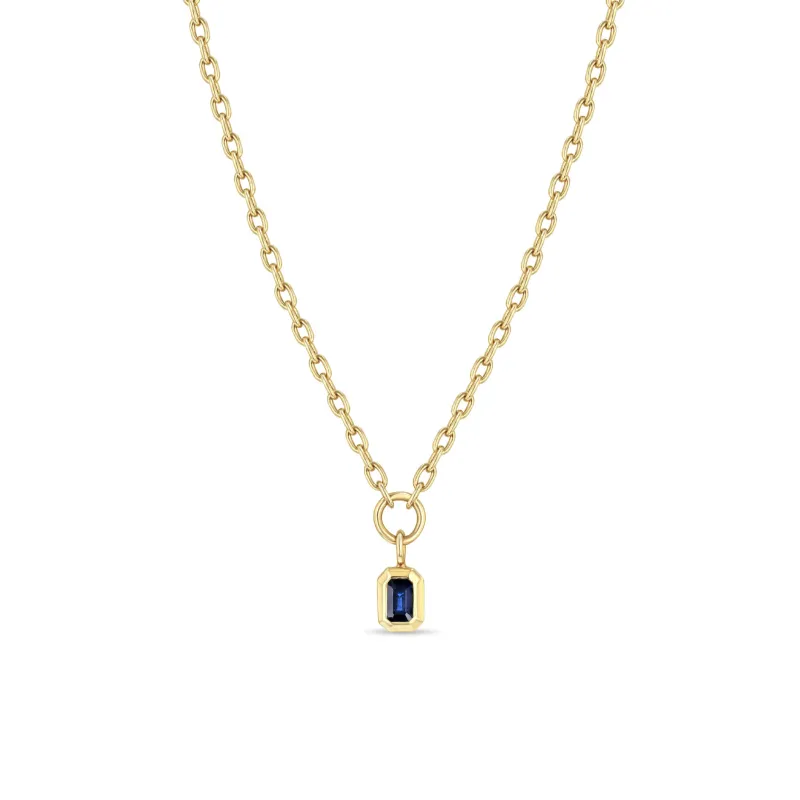 14k Emerald Cut Blue Sapphire Pendant Small Square Oval Chain Necklace sold by Zoe Chicco