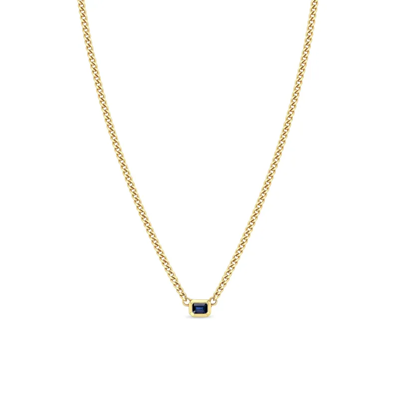 14k Emerald Cut Blue Sapphire Bezel XS Curb Chain Necklace sold by Zoe Chicco