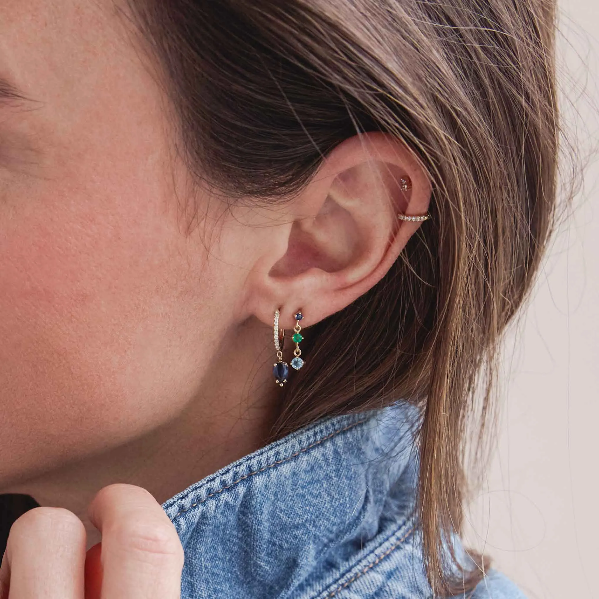 14k Medium Pavé Diamond Hinge Huggie Hoops with Pear Blue Sapphires sold by Zoe Chicco product image thumbnail 2