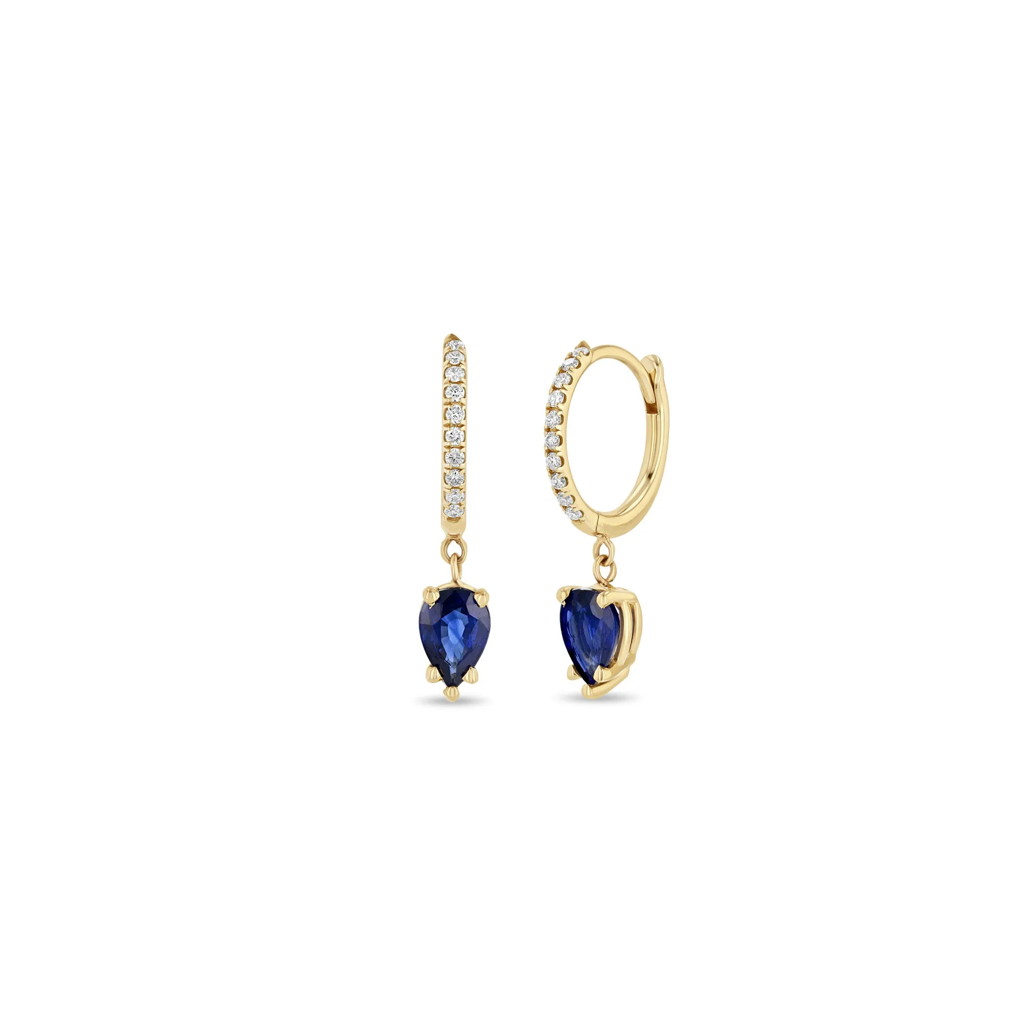14k Medium Pavé Diamond Hinge Huggie Hoops with Pear Blue Sapphires sold by Zoe Chicco