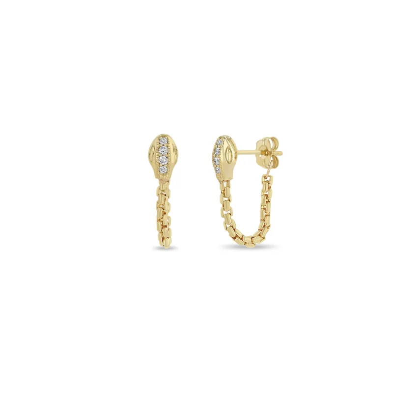 14k Pavé Diamond Snake Head Box Chain Huggie Earrings made by Zoe Chicco