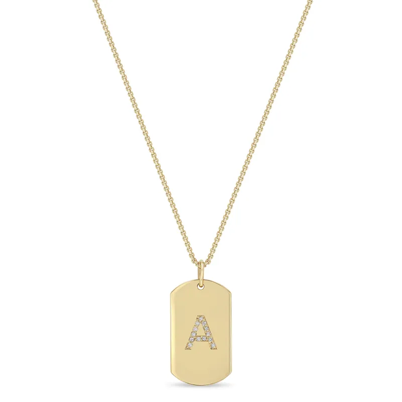 14k Pavé Diamond Initial Letter Medium Dog Tag Necklace sold by Zoe Chicco