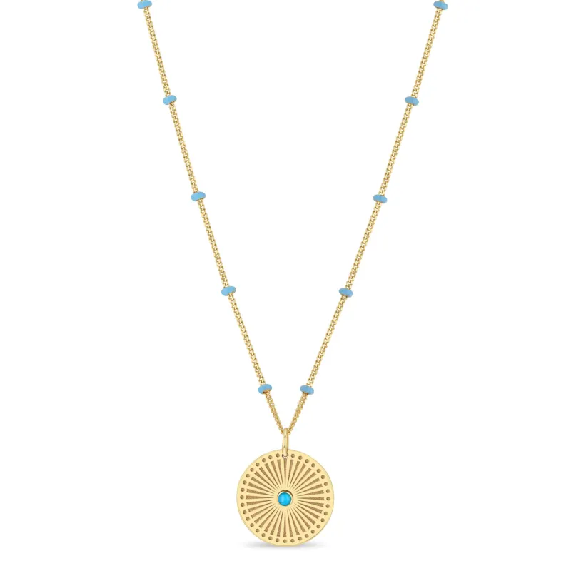 14k Gold Turquoise Sunbeam Medallion Satellite Chain Necklace sold by Zoe Chicco