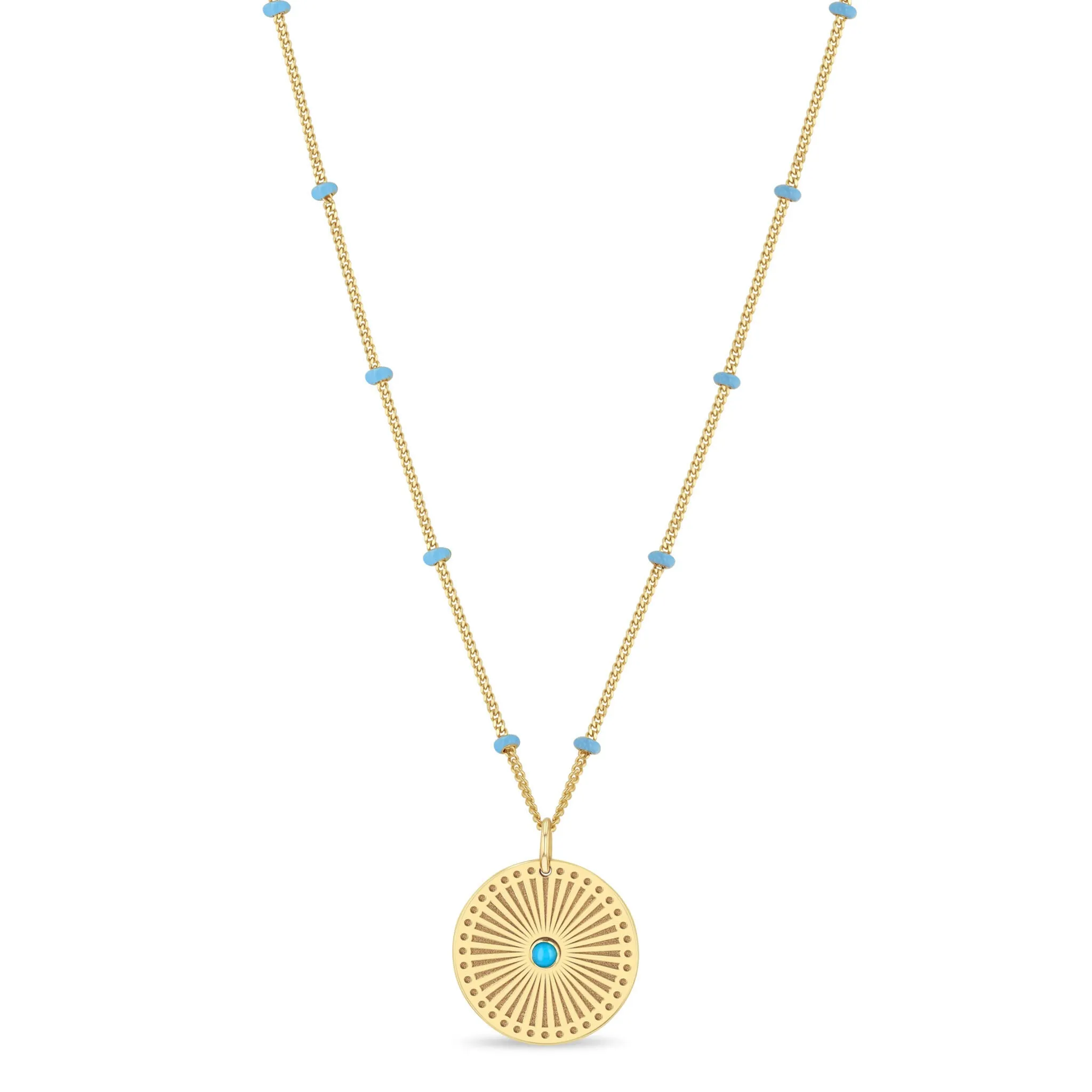 14k Gold Turquoise Sunbeam Medallion Satellite Chain Necklace sold by Zoe Chicco