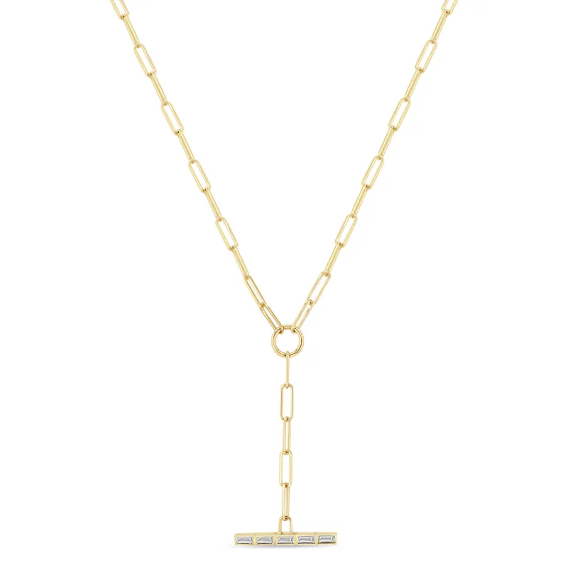 14k Channel Set Baguette Diamond Bar Paperclip Chain Lariat Necklace sold by Zoe Chicco