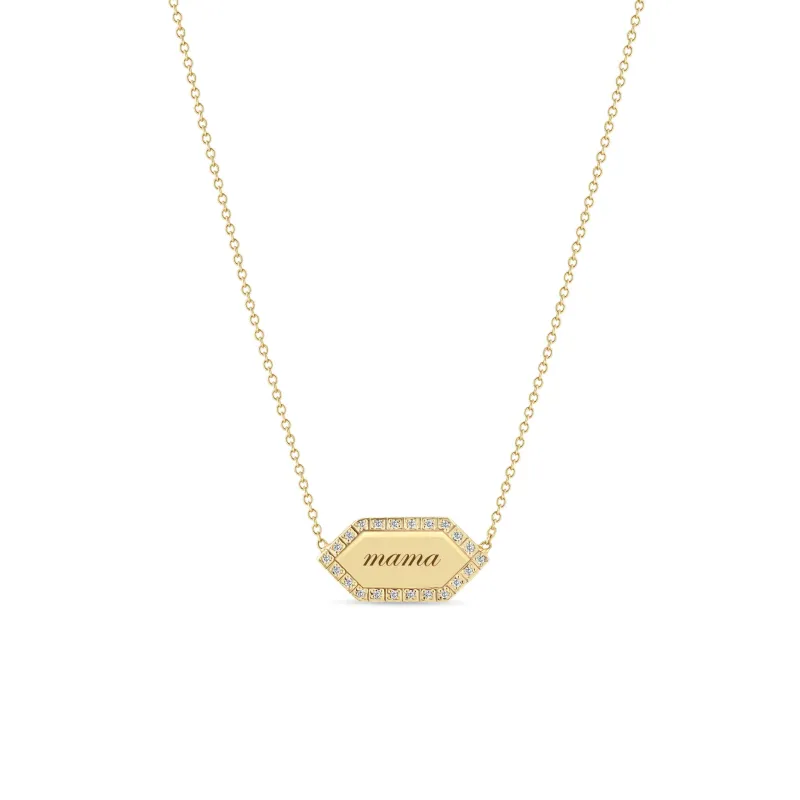 14k "mama" Elongated Hexagon Pavé Diamond Border Tag Necklace sold by Zoe Chicco