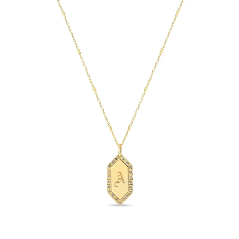 14k Initial Elongated Hexagon Diamond Border Tag Necklace sold by Zoe Chicco