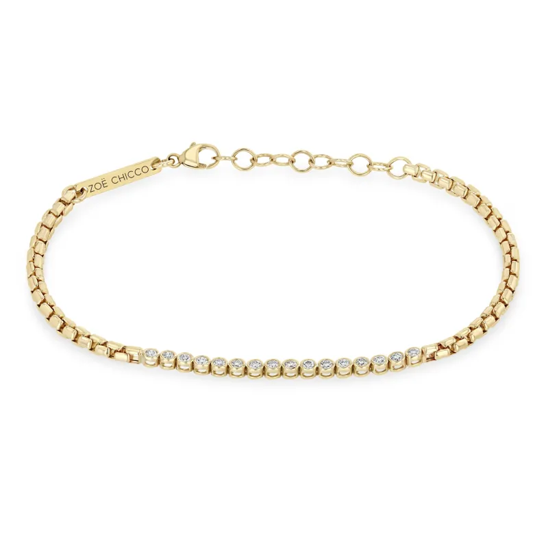 14k Small Diamond Bezel Tennis Segment Box Chain Bracelet sold by Zoe Chicco