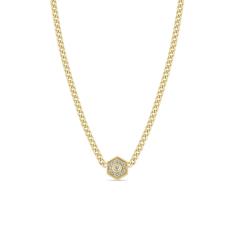 14k Small Curb Chain Diamond Hexagon Halo Necklace sold by Zoe Chicco