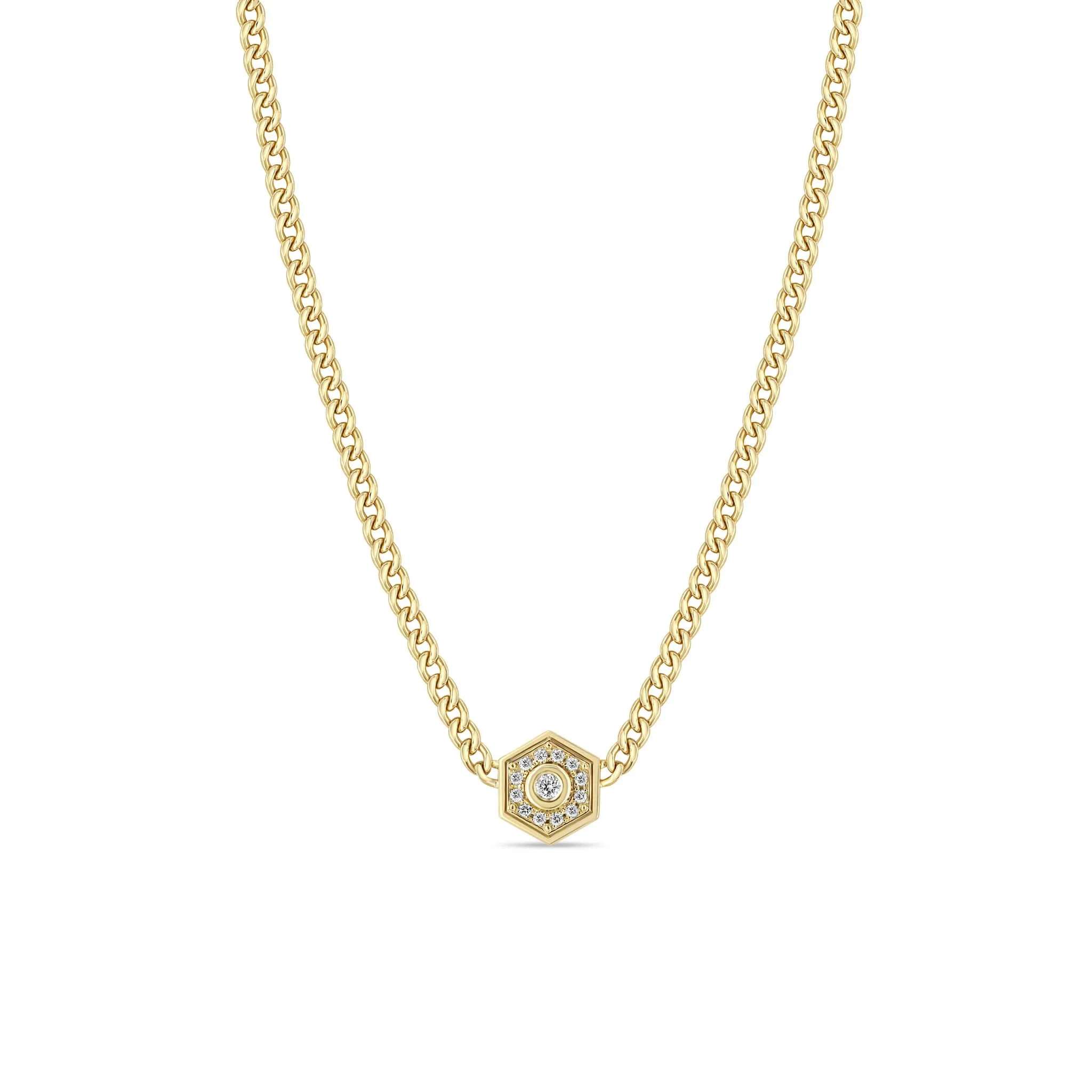14k Small Curb Chain Diamond Hexagon Halo Necklace sold by Zoe Chicco