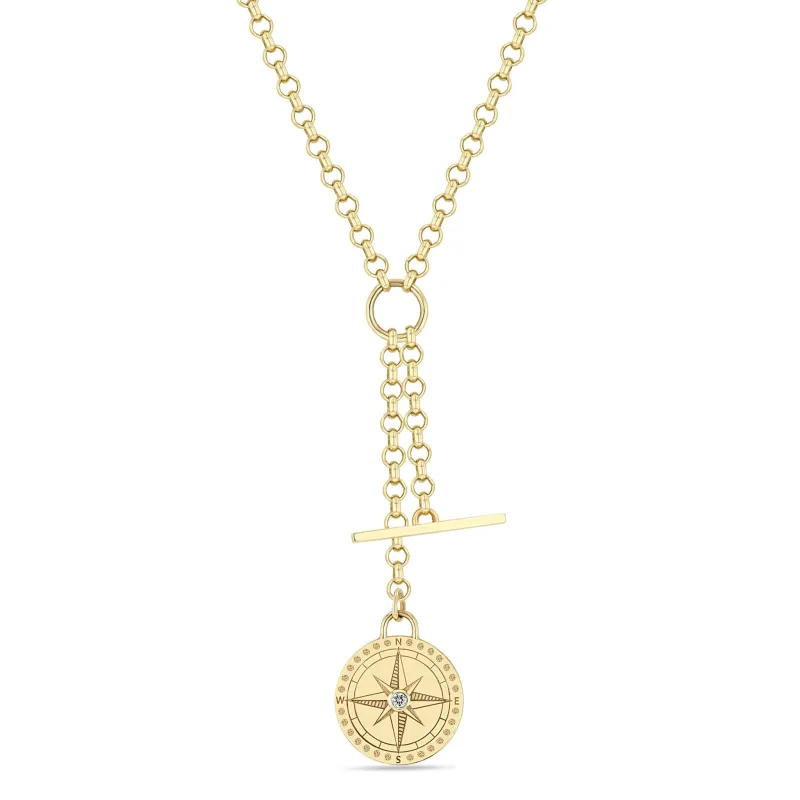 14k Small Compass Medallion & Toggle Medium Rolo Chain Lariat sold by Zoe Chicco