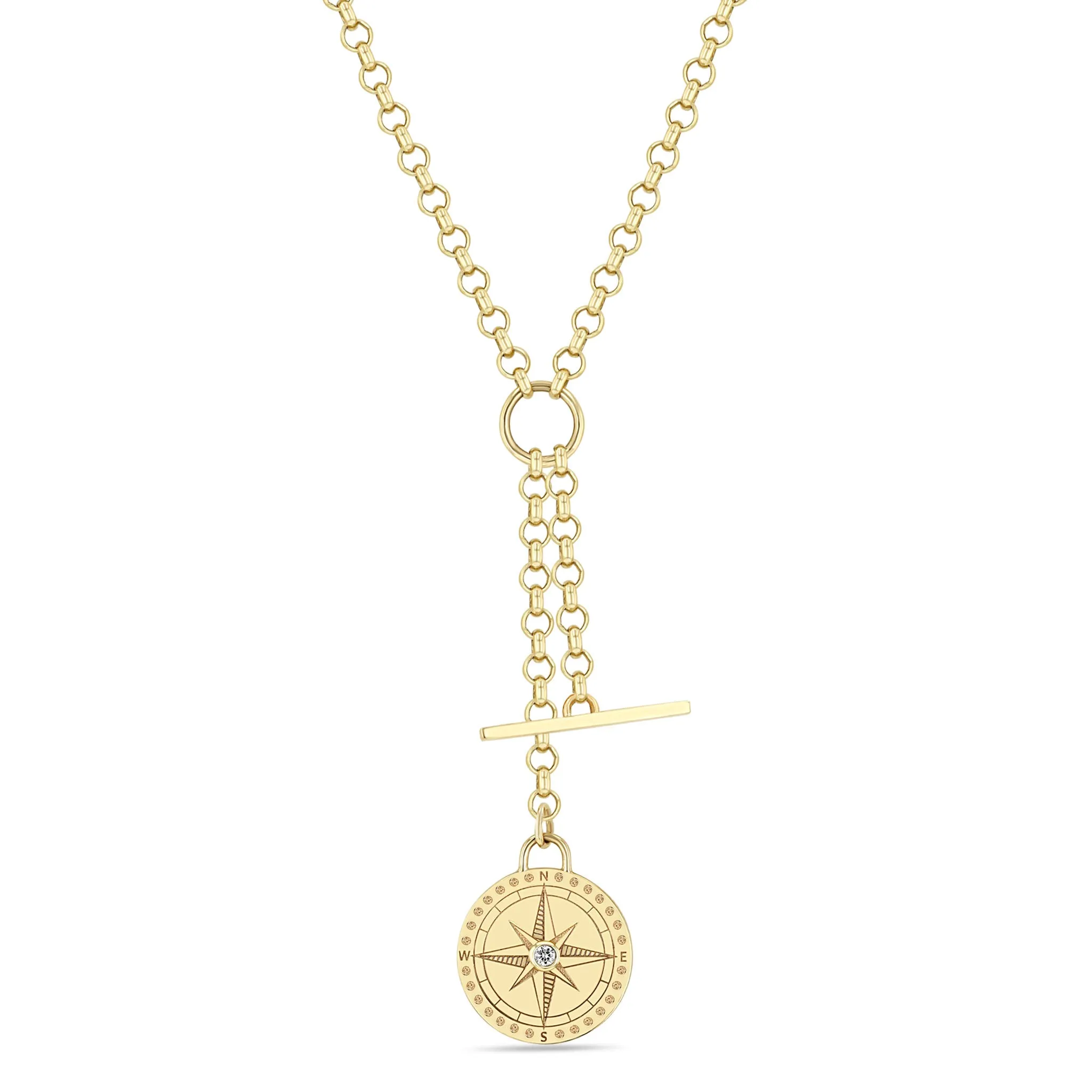 14k Small Compass Medallion & Toggle Medium Rolo Chain Lariat sold by Zoe Chicco
