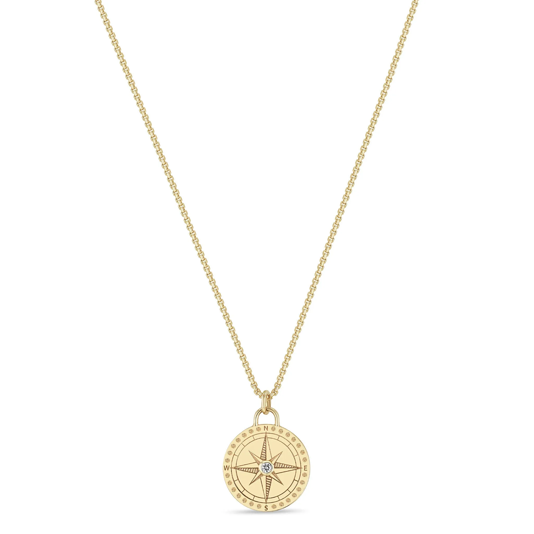14k Small Compass Medallion Box Chain Necklace sold by Zoe Chicco