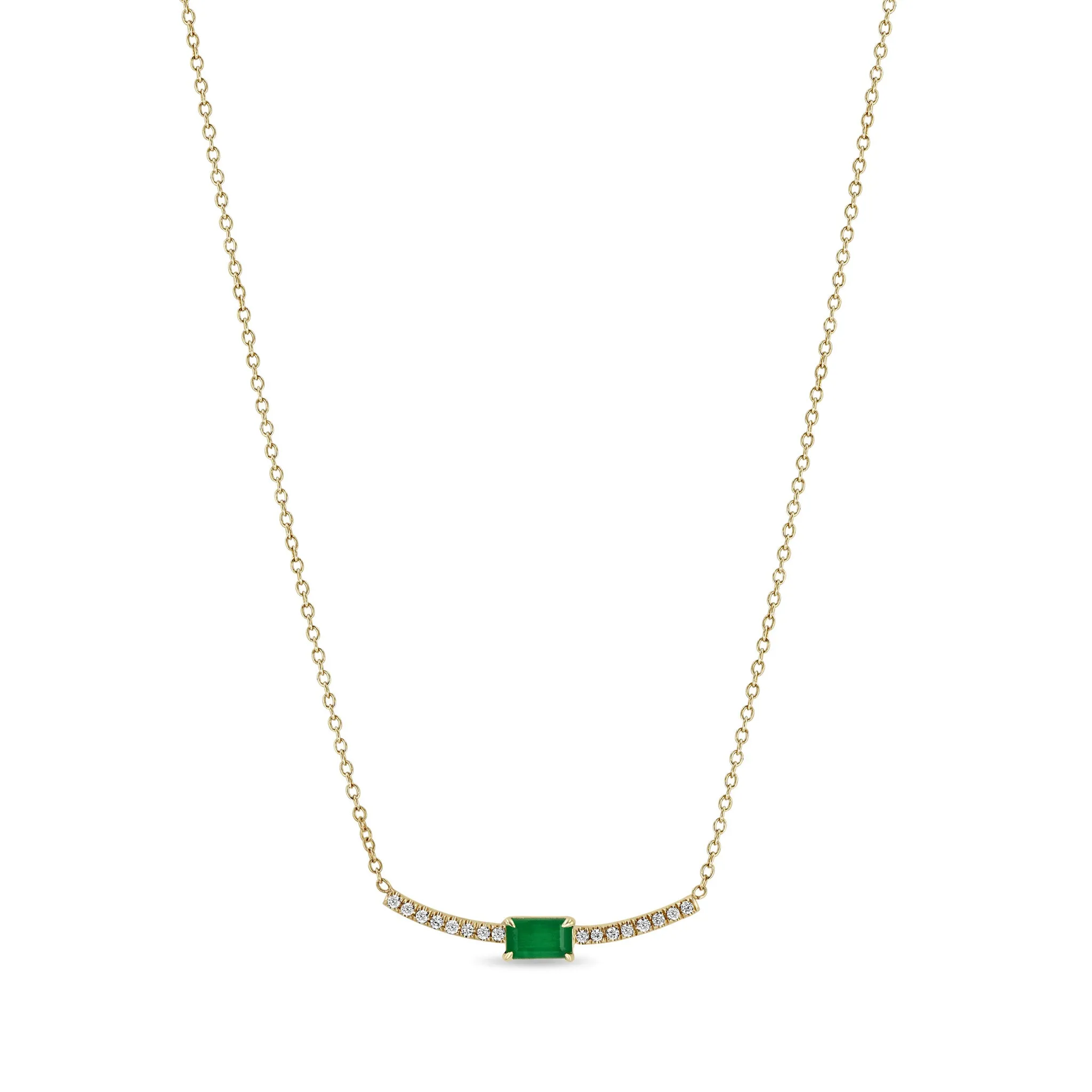 14k Emerald Cut Emerald Curved Pavé Diamond Bar Necklace sold by Zoe Chicco