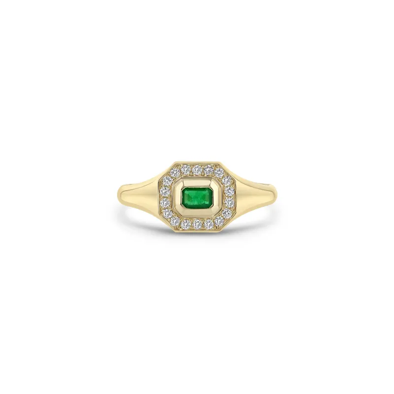 14k Emerald Cut Emerald Diamond Halo Signet Ring sold by Zoe Chicco