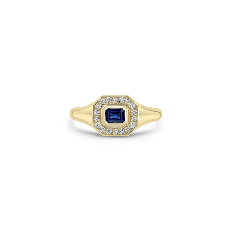 14k Emerald Cut Blue Sapphire Diamond Halo Signet Ring sold by Zoe Chicco