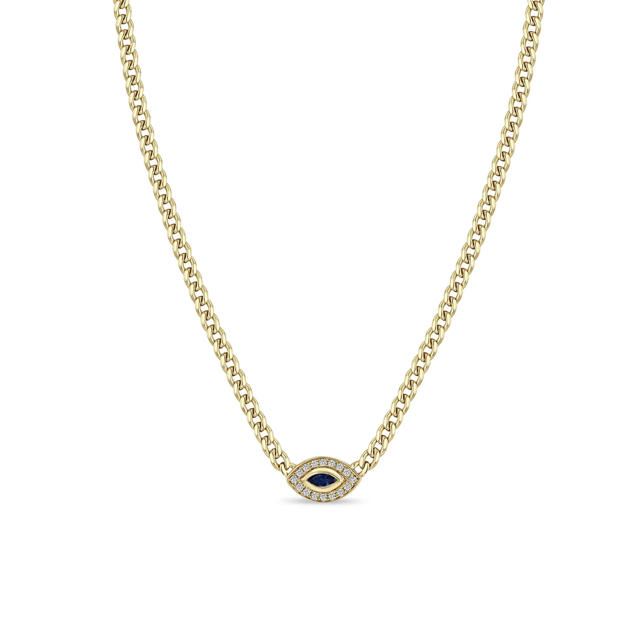 14k Small Curb Chain Marquise Blue Sapphire Halo Necklace sold by Zoe Chicco